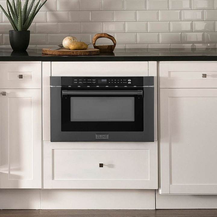ZLINE 24 in. 1.2 cu. ft. Built-in Microwave Drawer with a Traditional Handle in Black Stainless Steel, Open Box-Good Condition