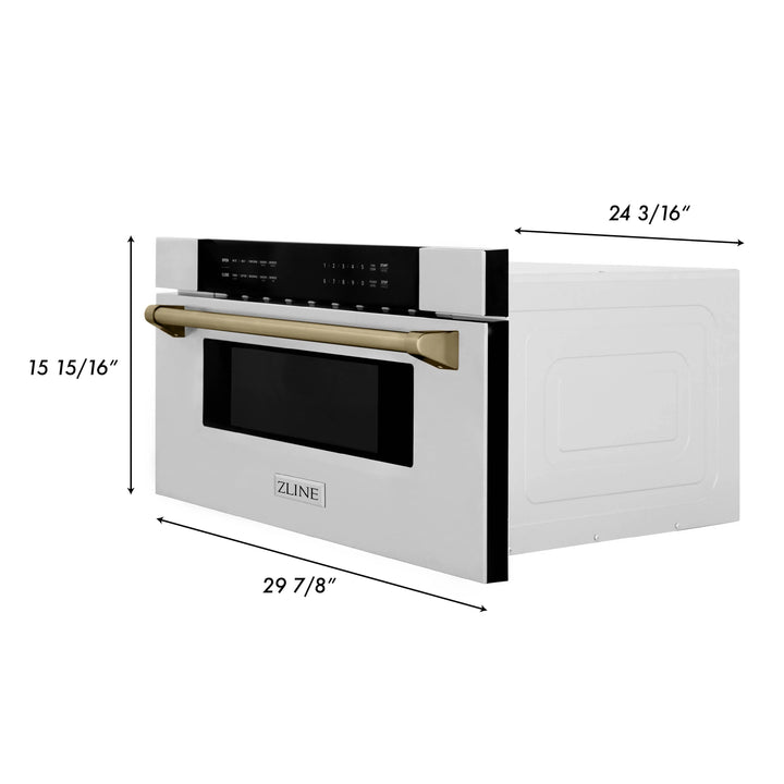 ZLINE Autograph Package - 48" Dual Fuel Range, Range Hood, Refrigerator with Water and Ice Dispenser, Microwave and Dishwasher in Stainless Steel with Bronze Accents