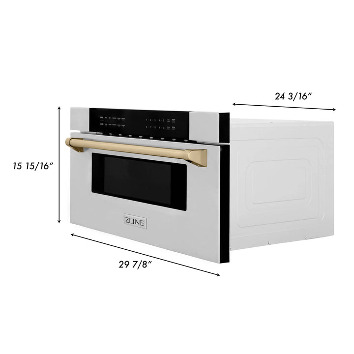 ZLINE Autograph Package - 36" Dual Fuel Range, Range Hood, Refrigerator with Water and Ice Dispenser, Microwave and Dishwasher in Stainless Steel with Gold Accents