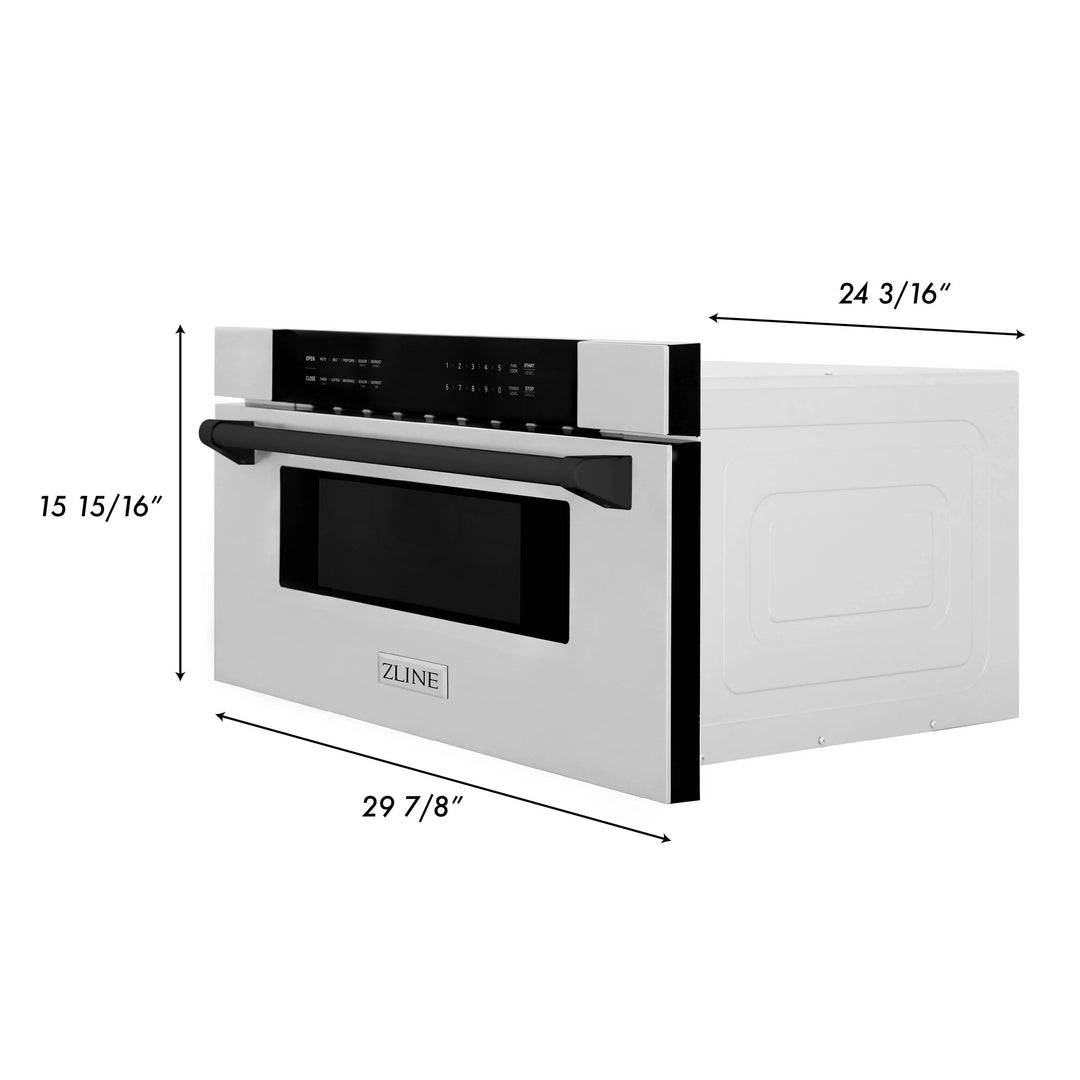 ZLINE Autograph Package - 48" Dual Fuel Range, Range Hood, Refrigerator with Water and Ice Dispenser, Microwave and Dishwasher in Stainless Steel with Black Accents