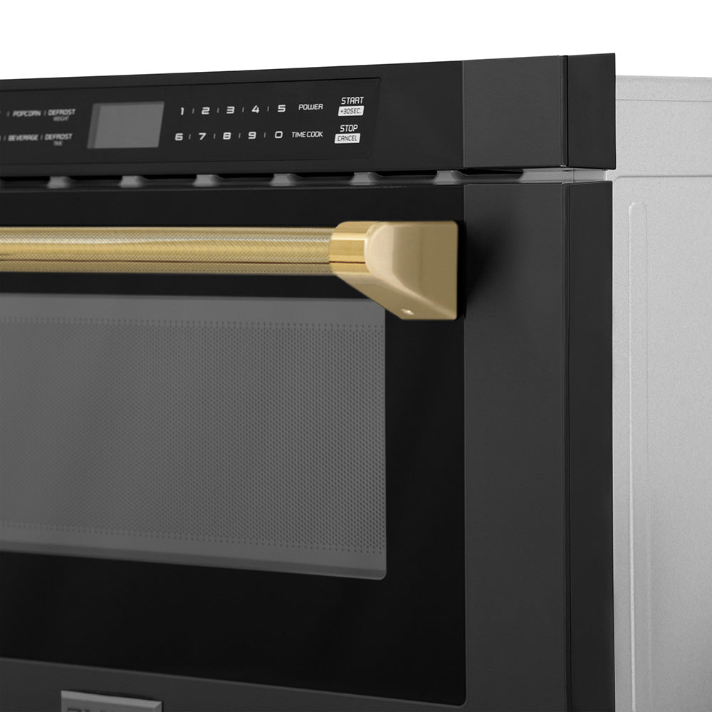 ZLINE Autograph Edition 24 in. 1.2 cu. ft. Built-in Microwave Drawer in Black Stainless Steel and Polished Gold Helix Handle (MWDZ-1-BS-H-KG)
