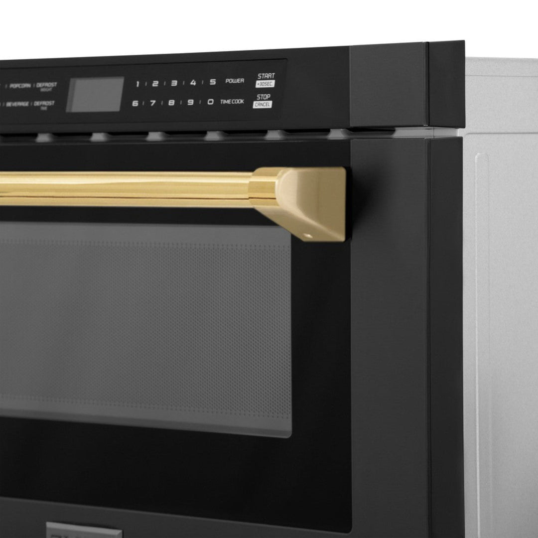 ZLINE 24" Autograph Edition Built-in Microwave Drawer in Black Stainless Steel and Polished Gold Accents