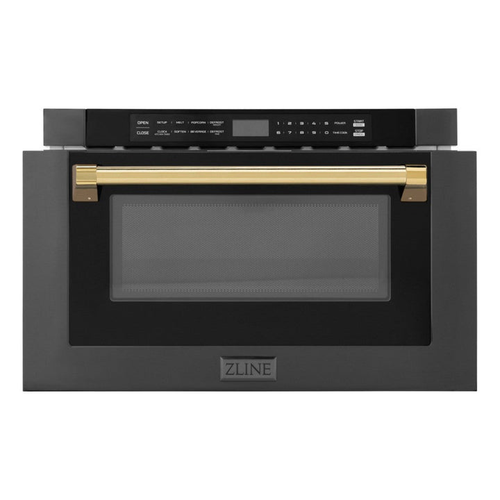ZLINE 24" Autograph Edition Built-in Microwave Drawer in Black Stainless Steel and Polished Gold Accents