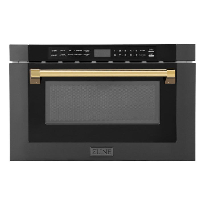 ZLINE 24" Autograph Edition Built-in Microwave Drawer in Black Stainless Steel and Polished Gold Accents