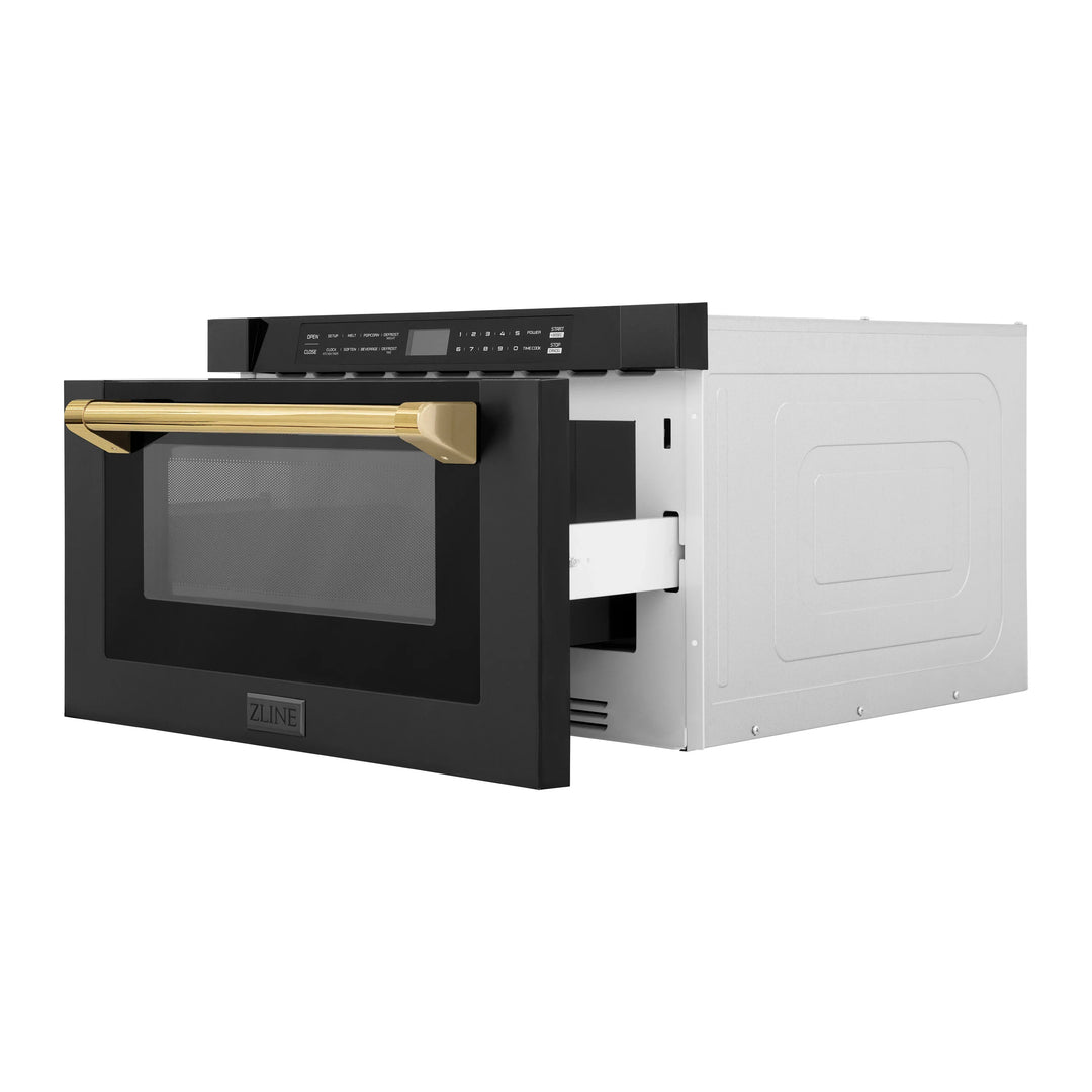 ZLINE Autograph Edition 24" 1.2 cu. ft. Built-in Microwave Drawer in Black Stainless Steel and Gold Accents, MWDZ-1-BS-H-G