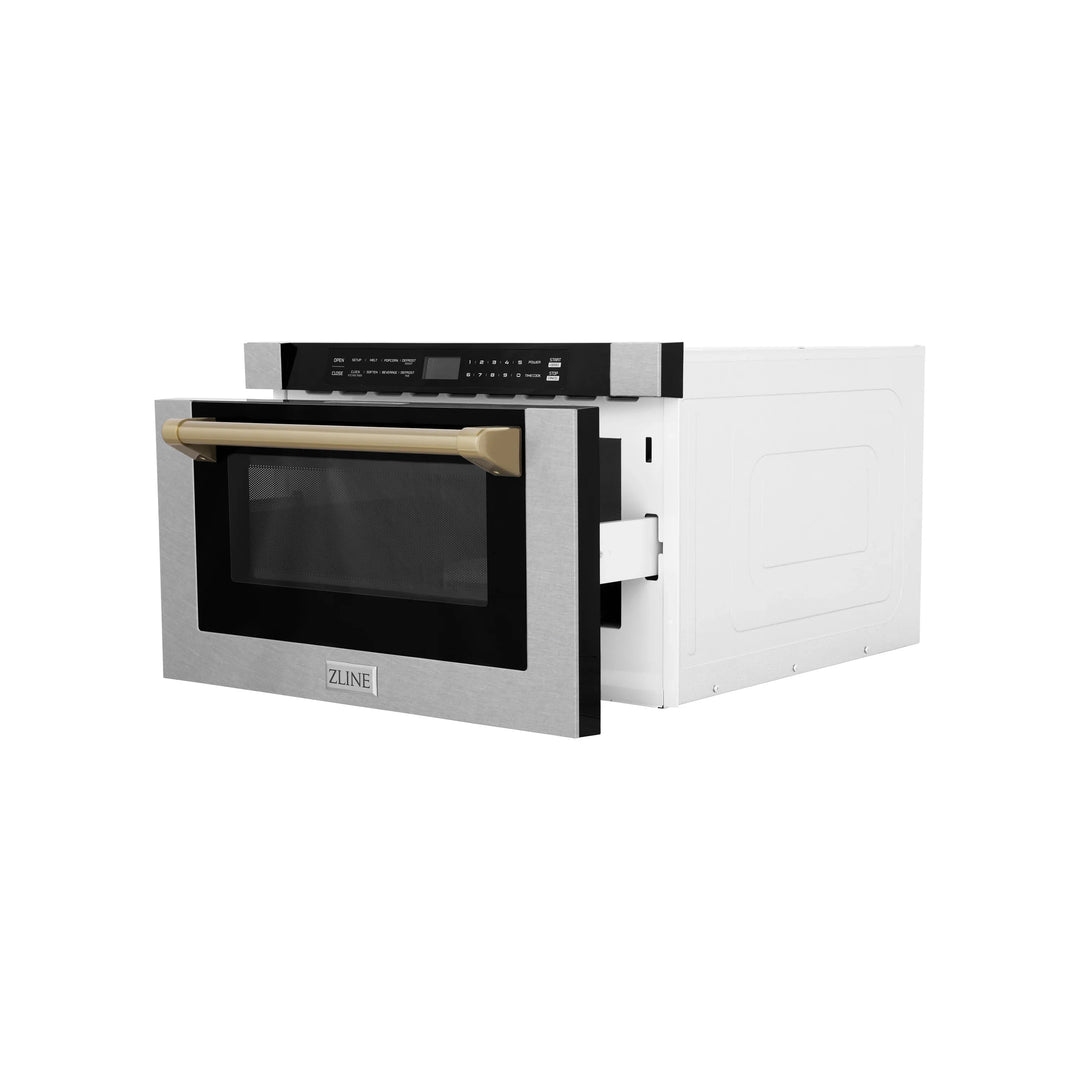 ZLINE 24" Microwave Drawer in Durasnow Stainless Steel and Bronze Accents