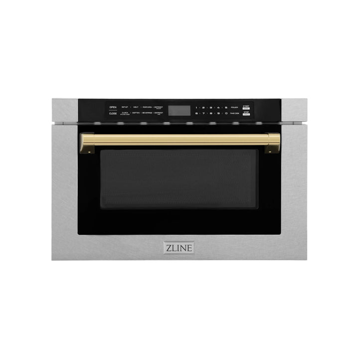 ZLINE 24 In. 1.2 cu. ft. Built-in Microwave Drawer with a Traditional Handle in Fingerprint Resistant Stainless Steel and Gold Accents, MWDZ-1-SS-H-G