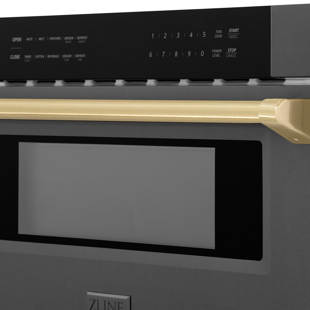 ZLINE Autograph Package - 36" Dual Fuel Range, Range Hood, Refrigerator, Microwave and Dishwasher in Black Stainless Steel with Bronze Accents