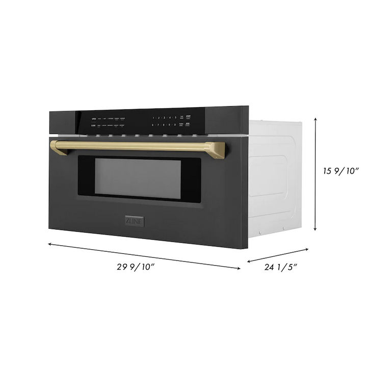 ZLINE Autograph Package - 36" Dual Fuel Range, Range Hood, Refrigerator with Water and Ice Dispenser, Microwave and Dishwasher in Black Stainless Steel with Bronze Accents