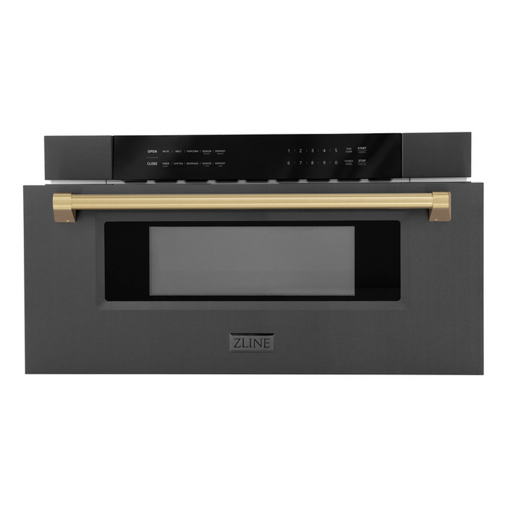 ZLINE Autograph Package - 48" Dual Fuel Range, Range Hood, Refrigerator with Water and Ice Dispenser, Microwave and Dishwasher in Black Stainless Steel with Bronze Accents