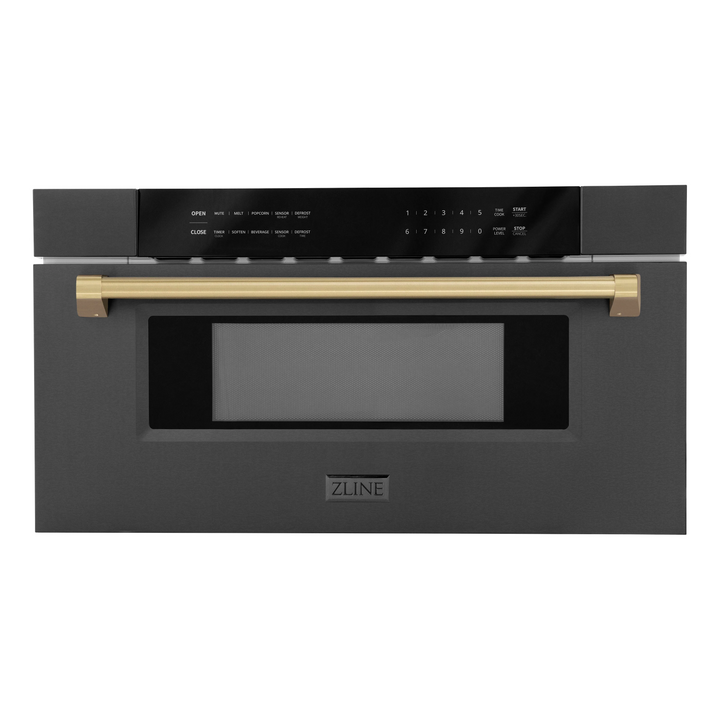 ZLINE Autograph Package - 36" Dual Fuel Range, Range Hood, Refrigerator with Water and Ice Dispenser, Microwave and Dishwasher in Black Stainless Steel with Bronze Accents