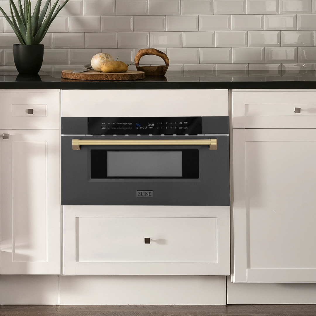 ZLINE Autograph Package - 36" Dual Fuel Range, Range Hood, Refrigerator, Microwave and Dishwasher in Black Stainless Steel with Bronze Accents