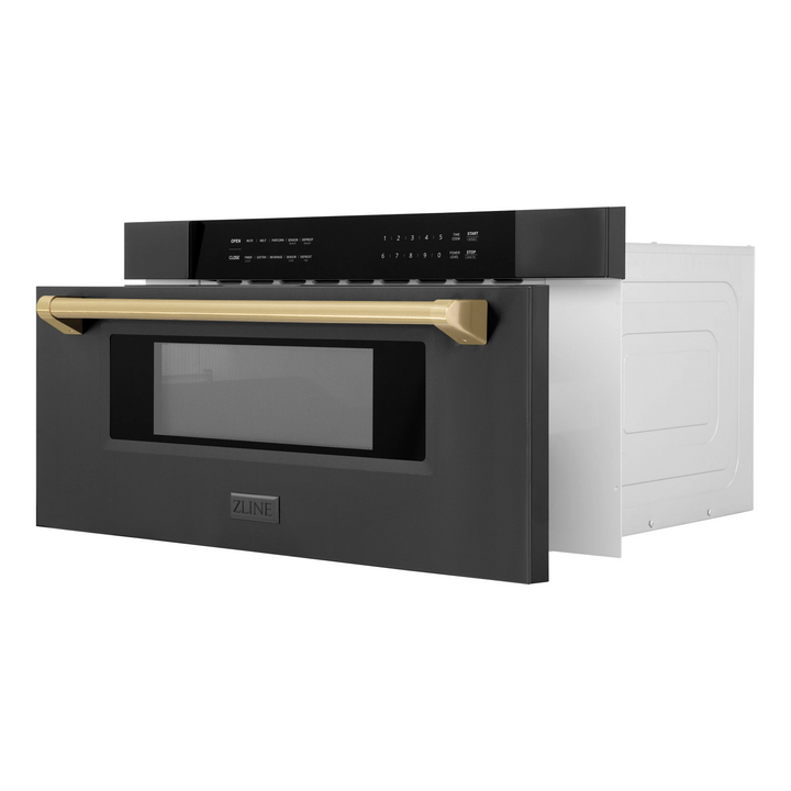 ZLINE Autograph Package - 36" Dual Fuel Range, Range Hood, Refrigerator, Microwave and Dishwasher in Black Stainless Steel with Bronze Accents