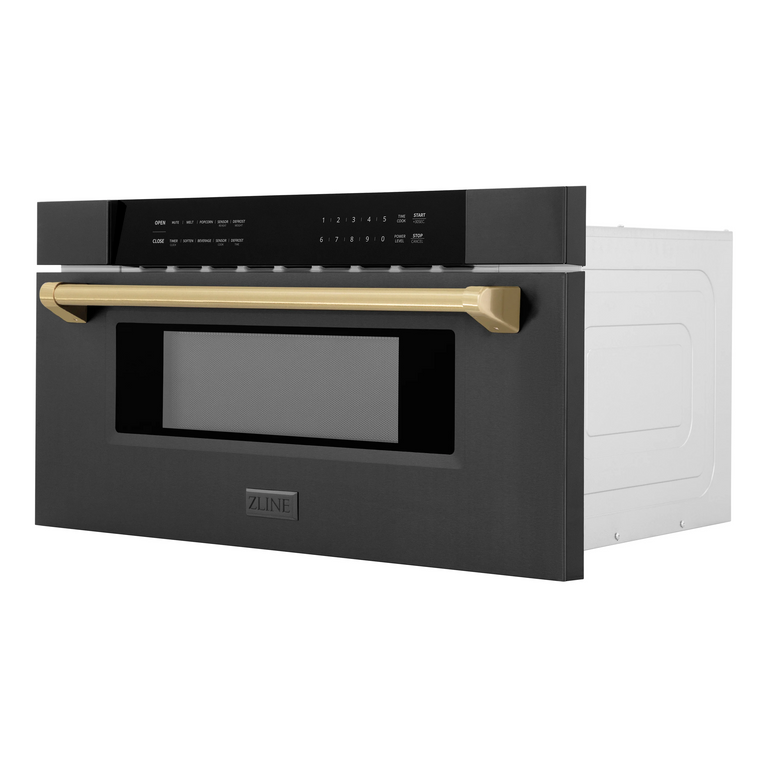 ZLINE Autograph Package - 48" Dual Fuel Range, Range Hood, Refrigerator, Microwave and Dishwasher in Black Stainless Steel with Bronze Accents