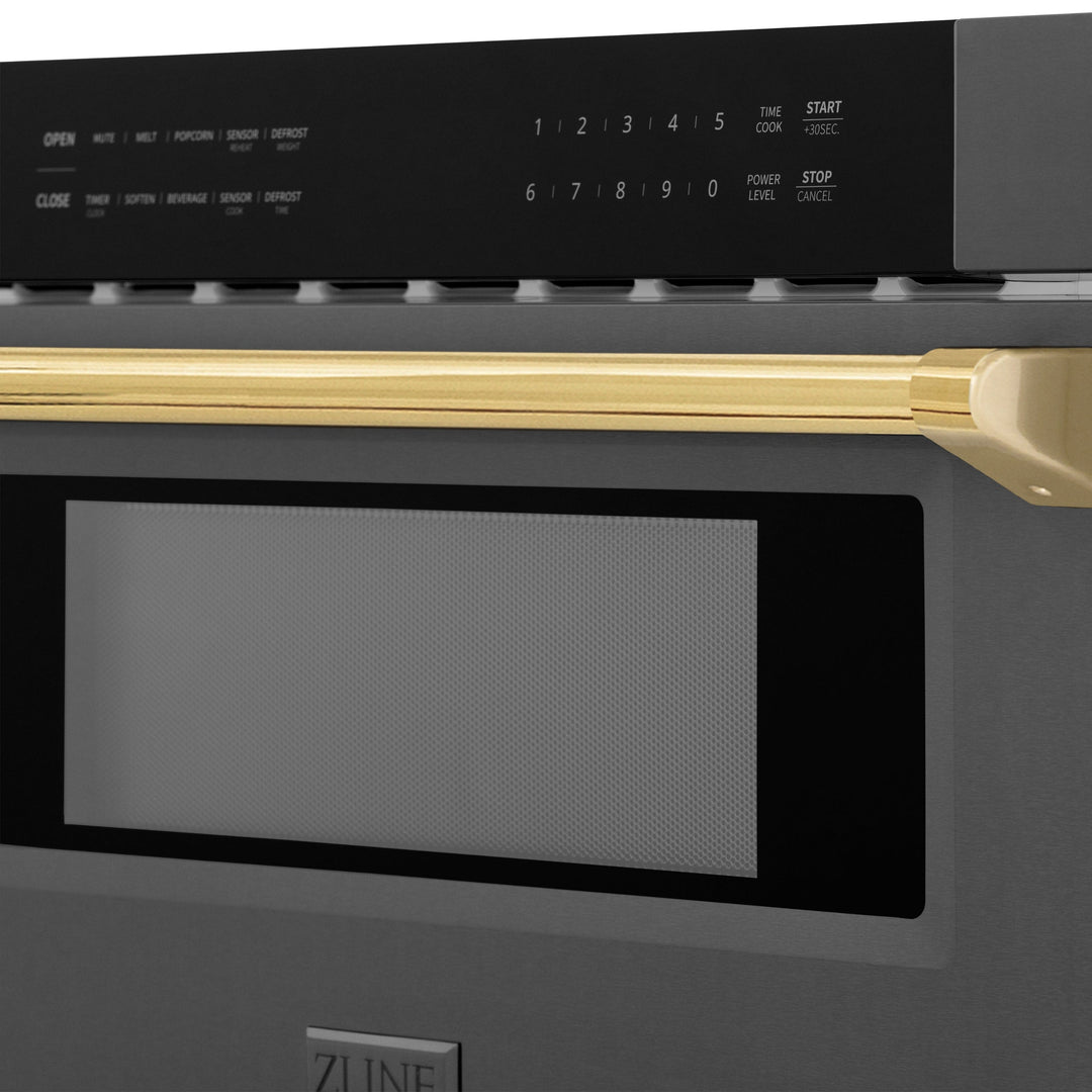 ZLINE 30" Autograph Edition Built-in Microwave Drawer in Black Stainless Steel and Polished Gold Accents