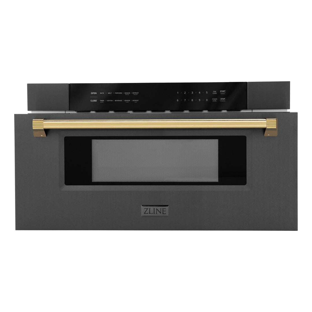 ZLINE 30" Autograph Edition Built-in Microwave Drawer in Black Stainless Steel and Polished Gold Accents