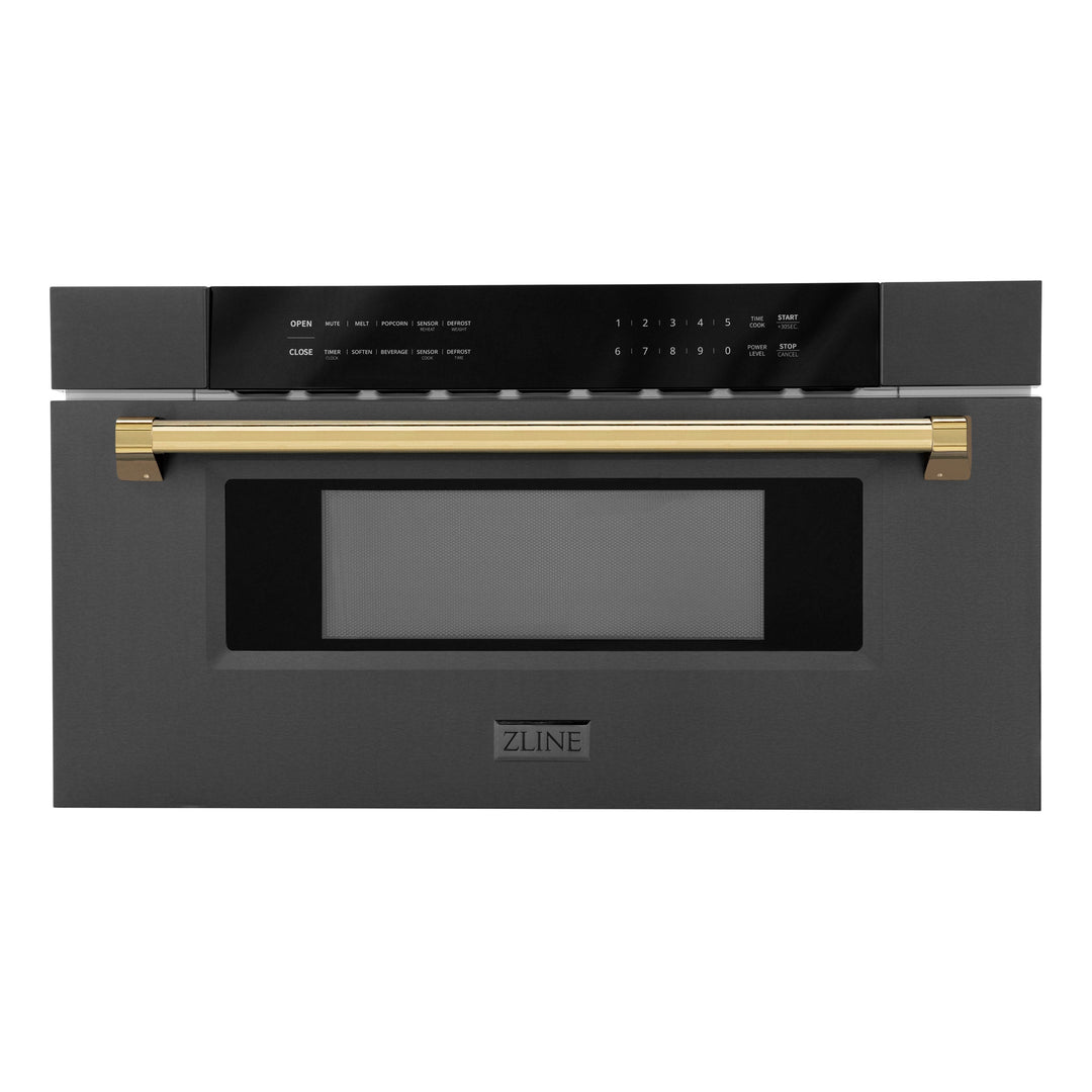 ZLINE 30" Autograph Edition Built-in Microwave Drawer in Black Stainless Steel and Polished Gold Accents