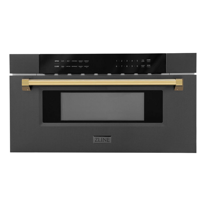 ZLINE 30" Autograph Edition Built-in Microwave Drawer in Black Stainless Steel and Polished Gold Accents
