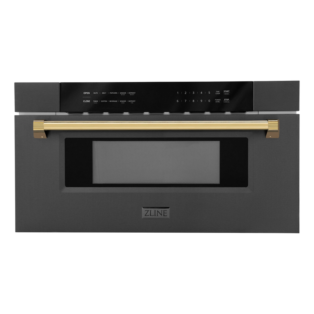 ZLINE Autograph Package - 48" Dual Fuel Range, Range Hood, Refrigerator with Water and Ice Dispenser, Microwave and Dishwasher in Black Stainless Steel with Gold Accents