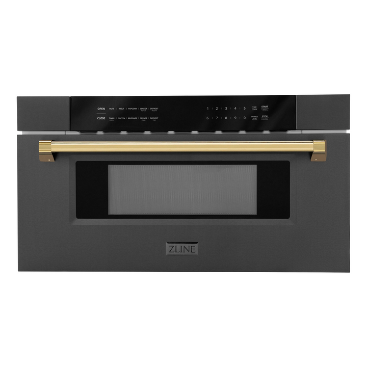 ZLINE Autograph Package - 48" Dual Fuel Range, Range Hood, Refrigerator with Water and Ice Dispenser, Microwave and Dishwasher in Black Stainless Steel with Gold Accents