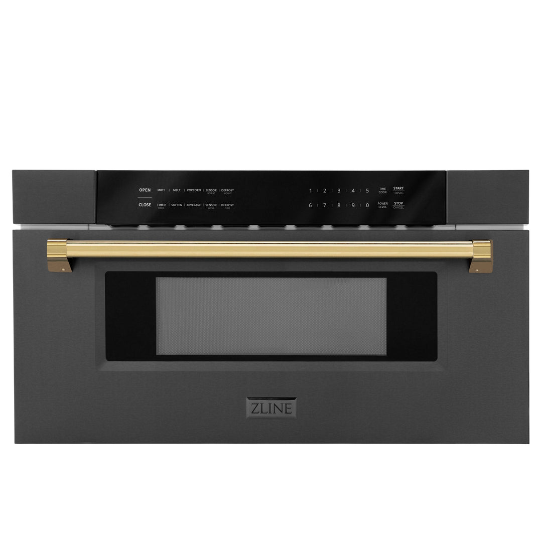 ZLINE 30" Autograph Edition Built-in Microwave Drawer in Black Stainless Steel and Polished Gold Accents