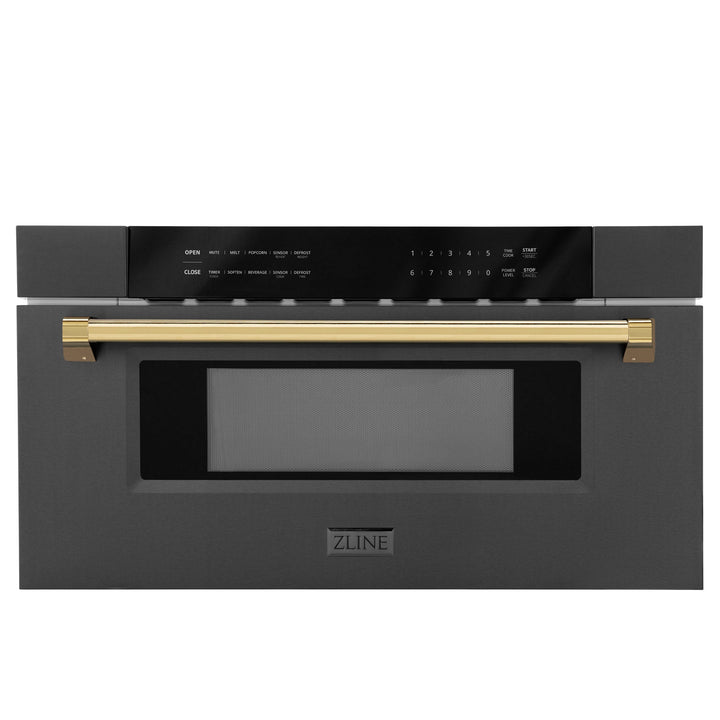 ZLINE 30" Autograph Edition Built-in Microwave Drawer in Black Stainless Steel and Polished Gold Accents