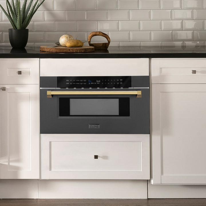 ZLINE 30" Autograph Edition Built-in Microwave Drawer in Black Stainless Steel and Polished Gold Accents