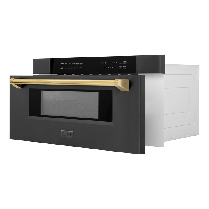 ZLINE Autograph Package - 36" Dual Fuel Range, Range Hood, Refrigerator with Water and Ice Dispenser, Microwave and Dishwasher in Black Stainless Steel with Gold Accents