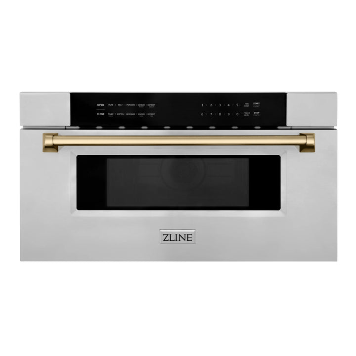 ZLINE Autograph Package - 48" Dual Fuel Range, Range Hood, Refrigerator with Water and Ice Dispenser, Microwave and Dishwasher in Stainless Steel with Bronze Accents