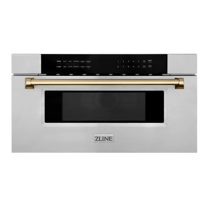 ZLINE Autograph Bronze Package - 48" Rangetop, 48" Range Hood, Dishwasher, Built-In Refrigerator, Microwave Drawer