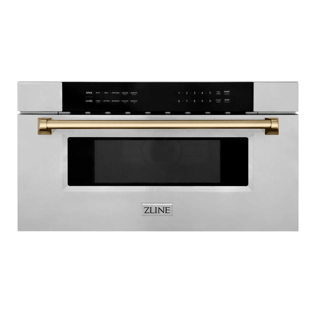 ZLINE Autograph Package - 36" Dual Fuel Range, Range Hood, Refrigerator with Water and Ice Dispenser, Microwave and Dishwasher in Stainless Steel with Bronze Accents