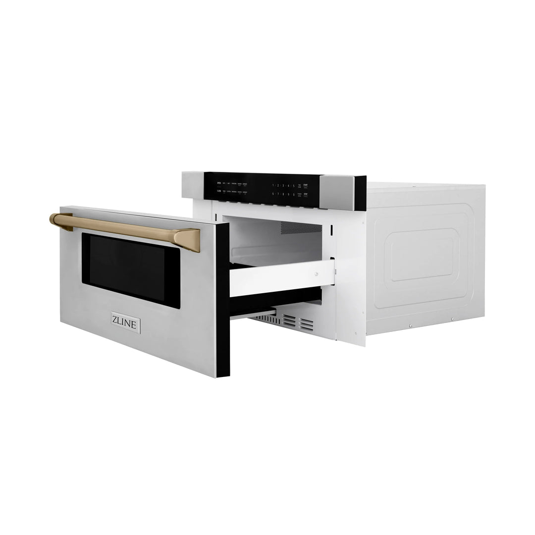 ZLINE Autograph Package - 48" Dual Fuel Range, Range Hood, Refrigerator with Water and Ice Dispenser, Microwave and Dishwasher in Stainless Steel with Bronze Accents