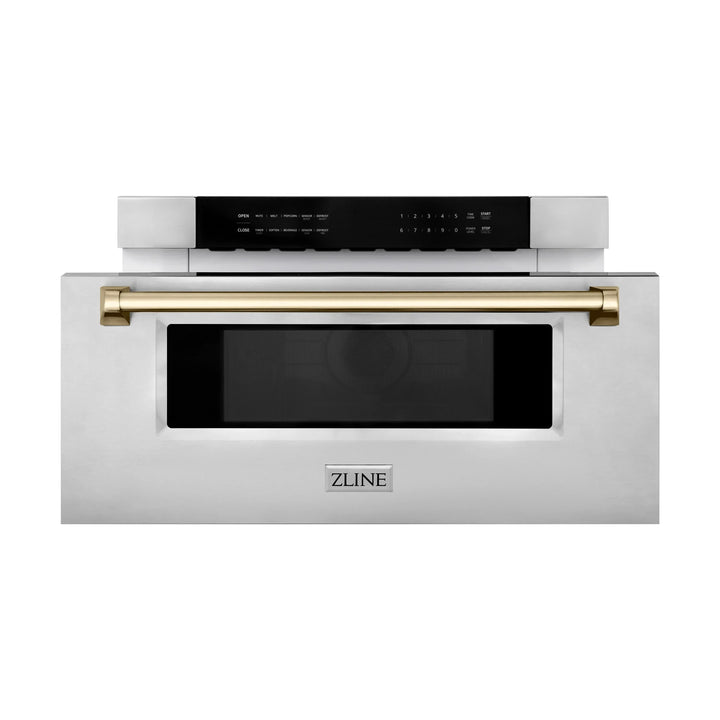 ZLINE Autograph Gold Package - 48" Rangetop, 48" Range Hood, Dishwasher, Refrigerator with External Water and Ice Dispenser, Microwave Drawer