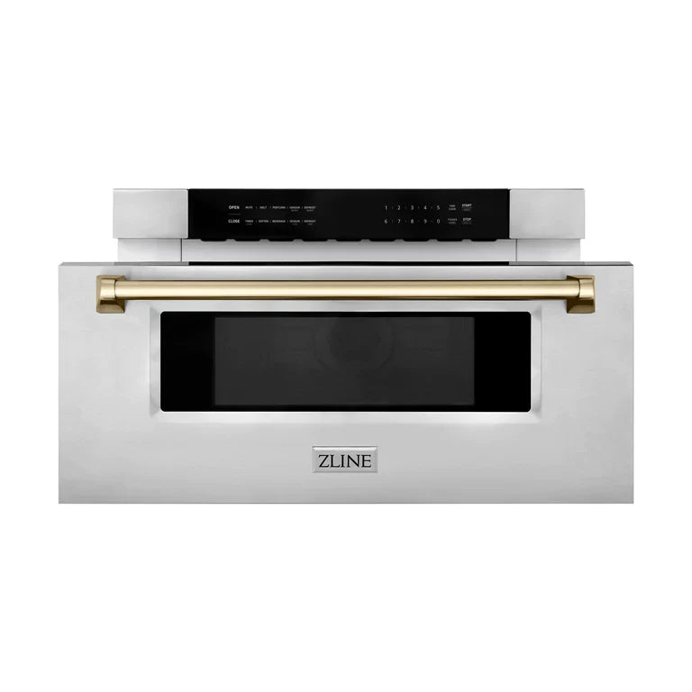 ZLINE Autograph Gold Package - 36" Rangetop, 36" Range Hood, Dishwasher, Refrigerator, Microwave Drawer