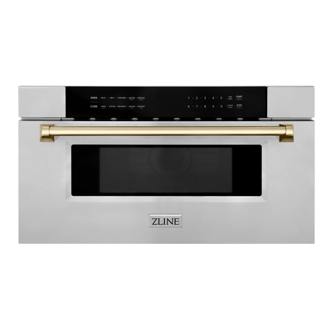 ZLINE Autograph Package - 48" Dual Fuel Range, Range Hood, Refrigerator with Water and Ice Dispenser, Microwave and Dishwasher in Stainless Steel with Gold Accents