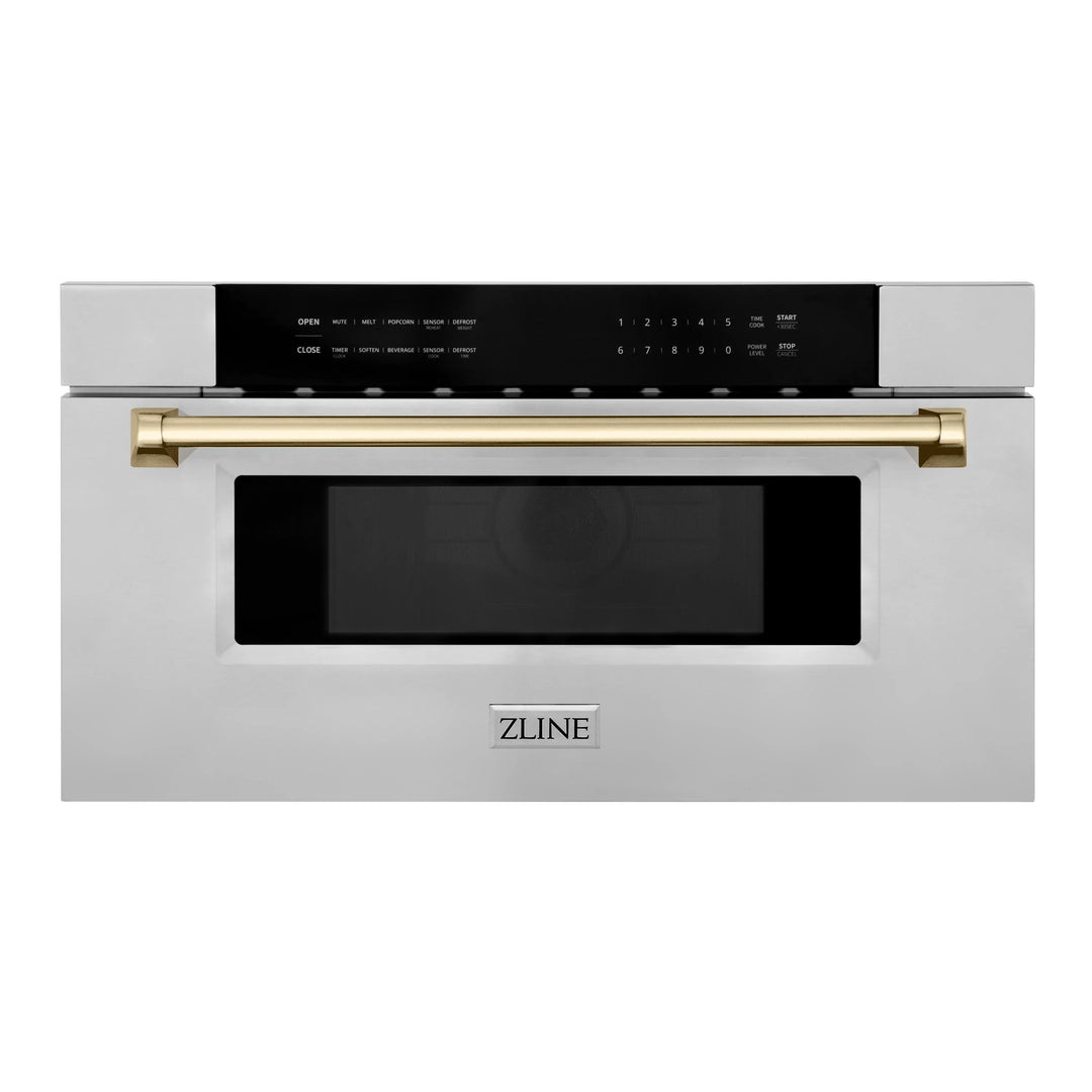 ZLINE Autograph Gold Package - 48" Rangetop, 48" Range Hood, Dishwasher, Built-In Refrigerator, Microwave Drawer, Wall Oven