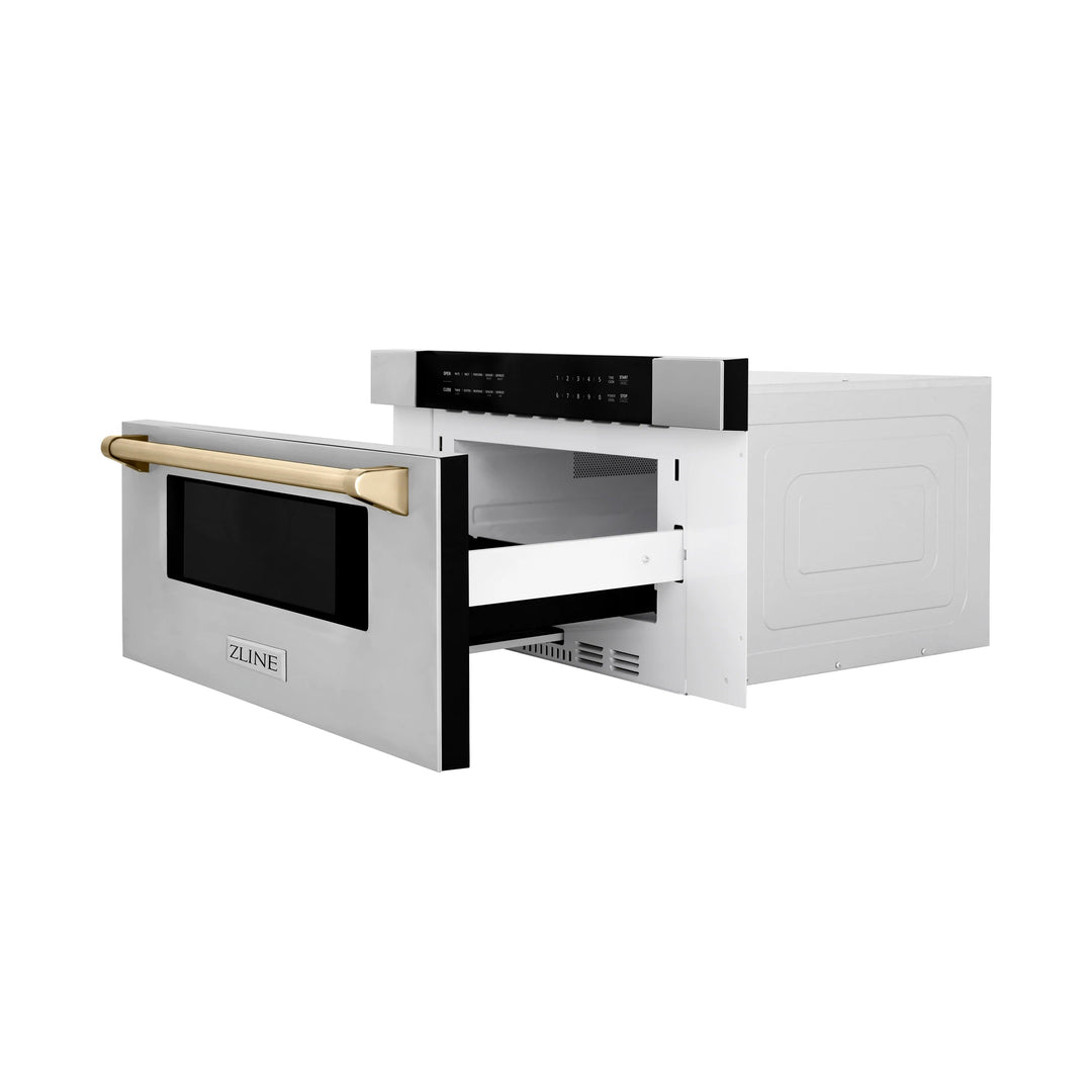 ZLINE Autograph Package - 48" Dual Fuel Range, Range Hood, Refrigerator with Water and Ice Dispenser, Microwave and Dishwasher in Stainless Steel with Gold Accents