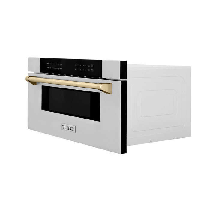 ZLINE Autograph Gold Package - 36" Rangetop, 36" Range Hood, Dishwasher, Refrigerator with External Water and Ice Dispenser, Microwave Drawer