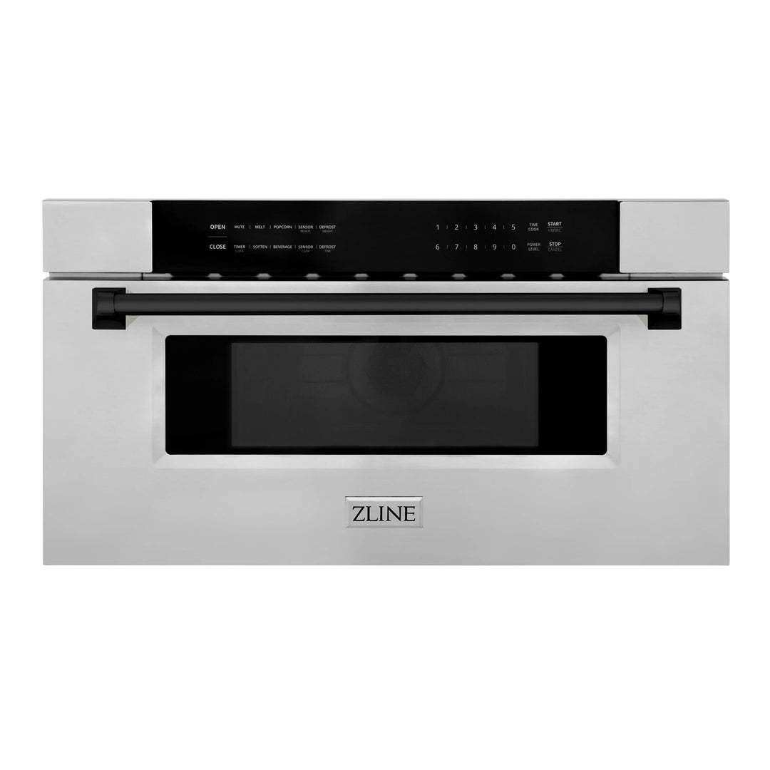 ZLINE Autograph Matte Black Package - 36" Rangetop, 36" Range Hood, Dishwasher, Built-In Refrigerator, Microwave Drawer