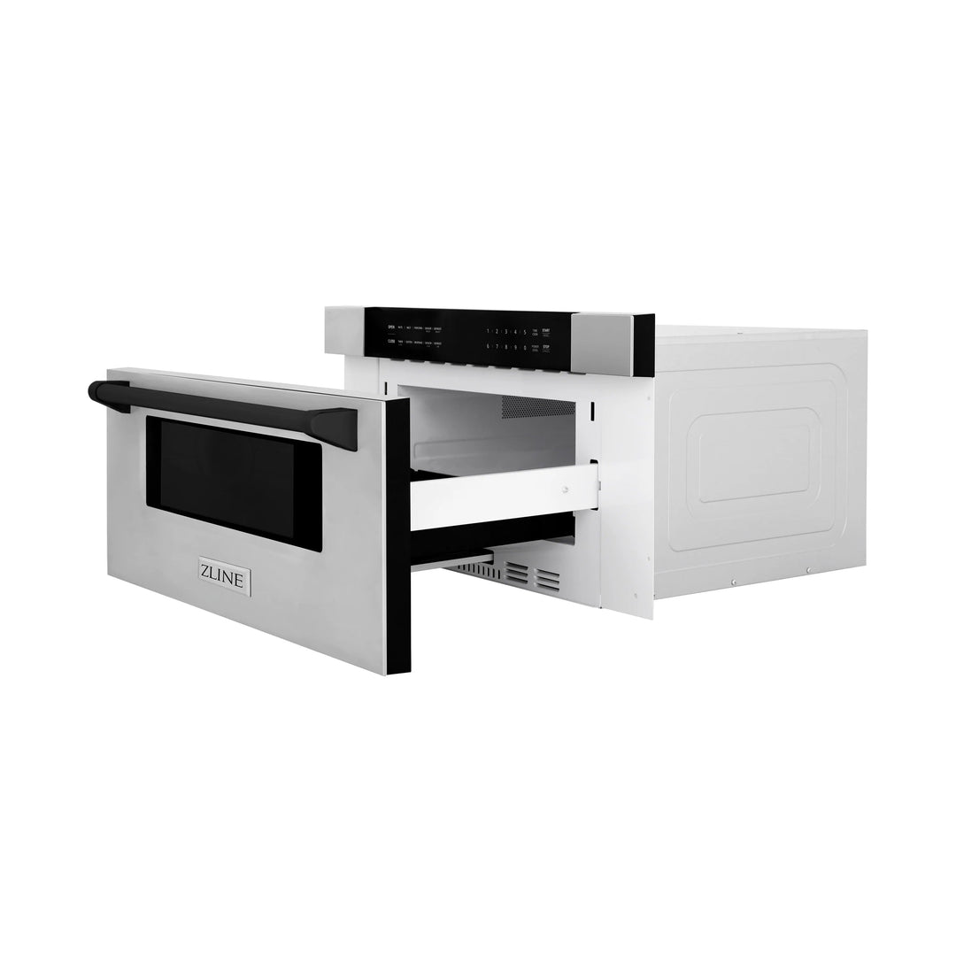 ZLINE Autograph Package - 48" Dual Fuel Range, Range Hood, Refrigerator with Water and Ice Dispenser, Microwave and Dishwasher in Stainless Steel with Black Accents