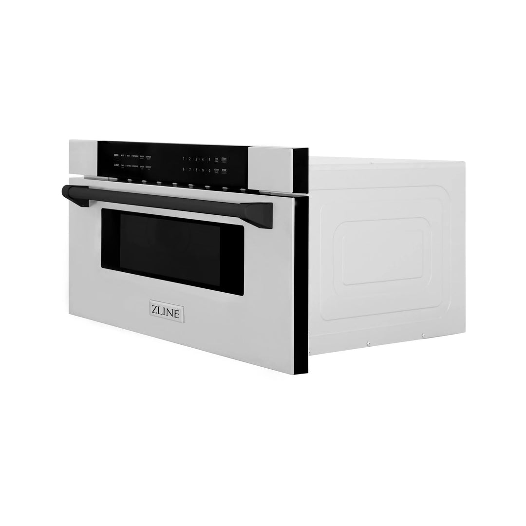 ZLINE Autograph Matte Black Package - 36" Rangetop, 36" Range Hood, Dishwasher, Refrigerator with External Water and Ice Dispenser, Microwave Drawer