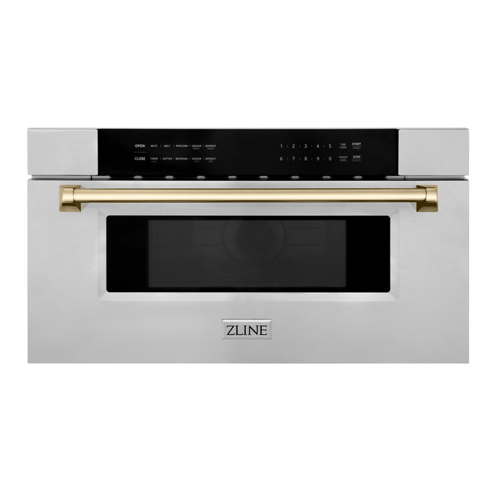 ZLINE 30" Autograph Edition Built-In Microwave Drawer in Stainless Steel with Polished Gold Accents