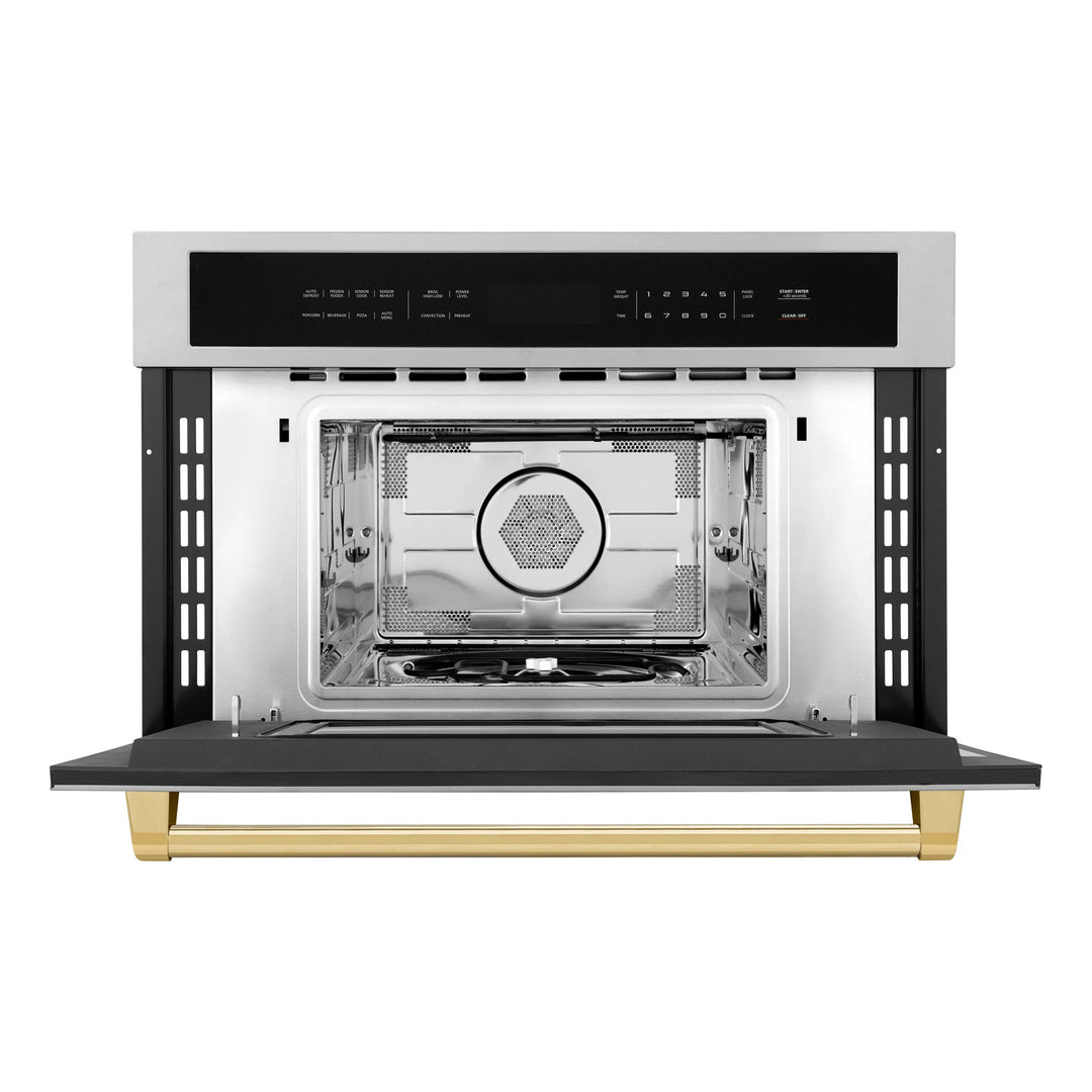 ZLINE Autograph Gold Package - 36" Rangetop, 36" Range Hood, Dishwasher, Refrigerator with External Water and Ice Dispenser, Microwave Oven