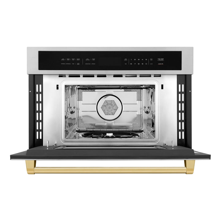 ZLINE Autograph Gold Package - 36" Rangetop, 36" Range Hood, Dishwasher, Refrigerator with External Water and Ice Dispenser, Microwave Oven