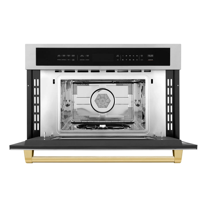 ZLINE Autograph Gold Package - 48" Rangetop, 48" Range Hood, Dishwasher, Refrigerator with External Water and Ice Dispenser, Microwave Oven