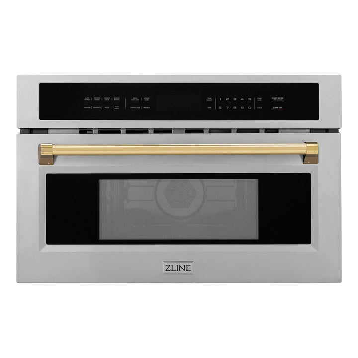 ZLINE Autograph Gold Package - 48" Rangetop, 48" Range Hood, Dishwasher, Refrigerator with External Water and Ice Dispenser, Microwave Oven, Wall Oven