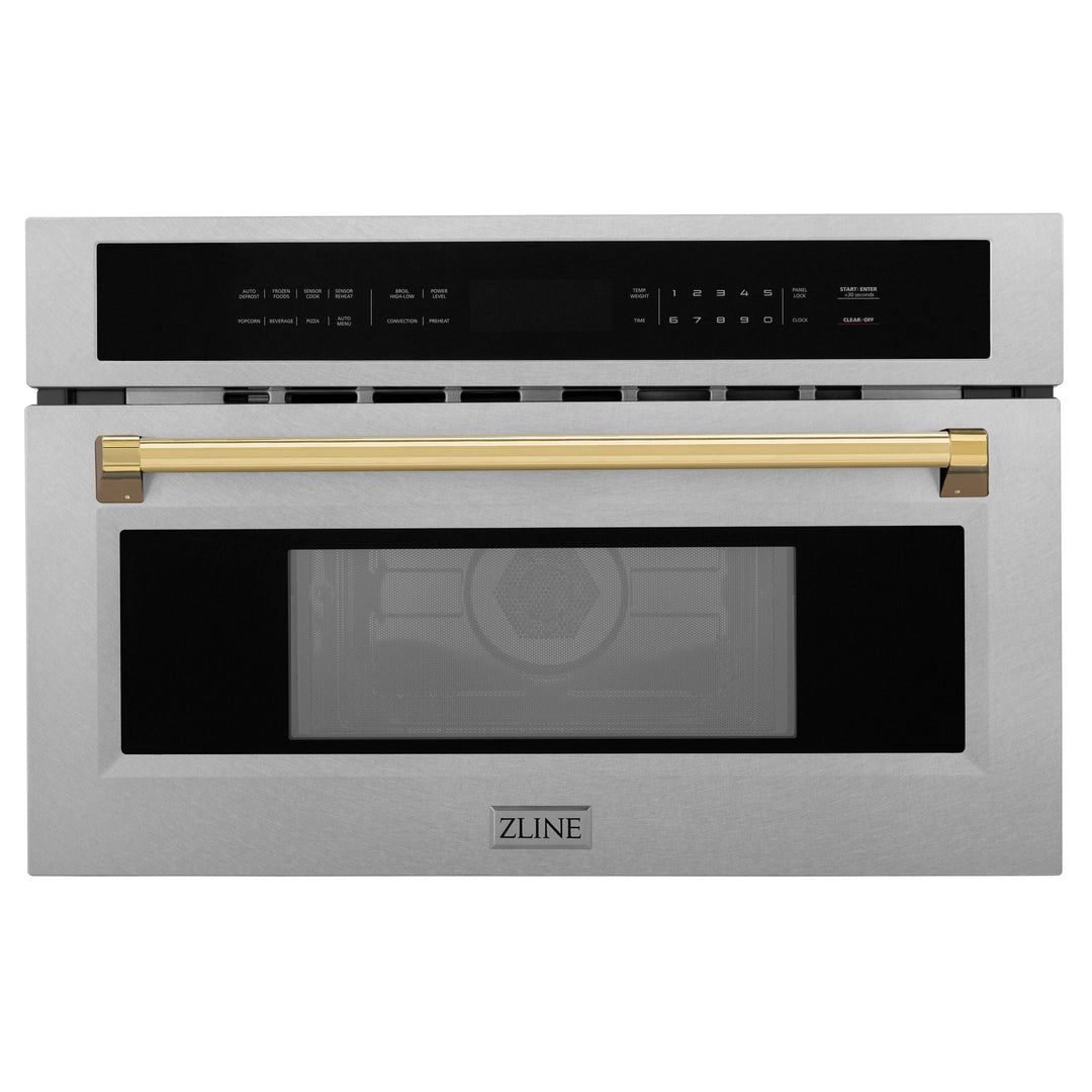 ZLINE Autograph 30" Built-in Convection Microwave Oven in DuraSnow® Stainless Steel with Gold Accents, MWOZ-30-SS-G