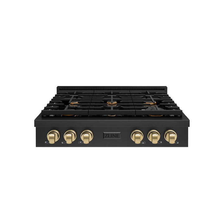 ZLINE Autograph 36" Paramount Gas Rangetop with 6 Burners and Porcelain Cooktop in Black Stainless Steel with Champagne Bronze Accents, SRTBZ-36-CB