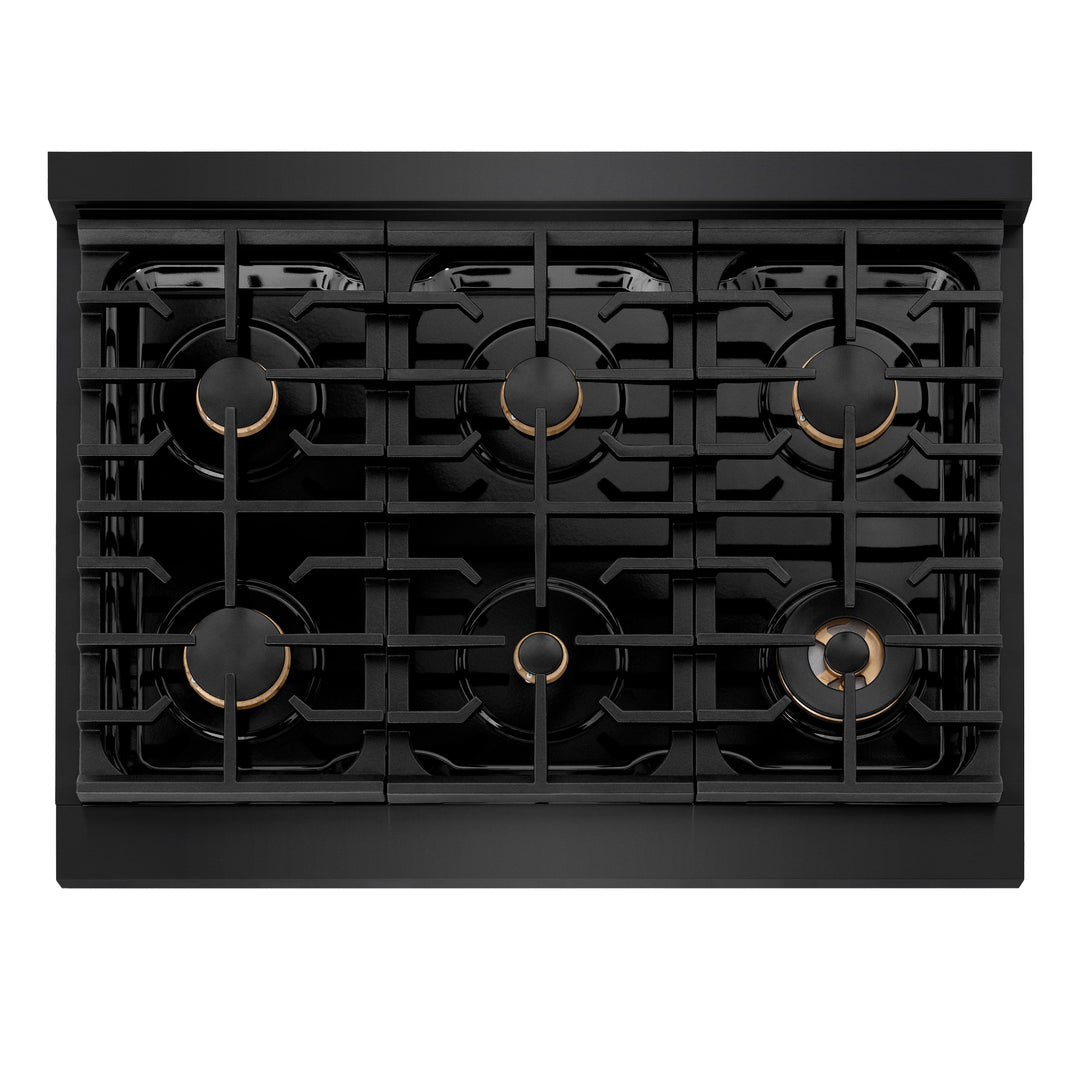 ZLINE Autograph 36" Paramount Gas Rangetop with 6 Burners and Porcelain Cooktop in Black Stainless Steel with Champagne Bronze Accents, SRTBZ-36-CB