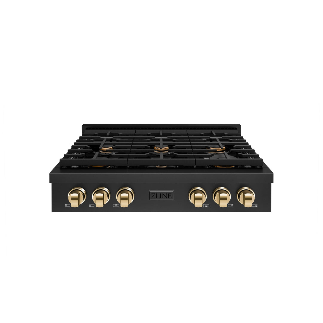 ZLINE Autograph 36" Paramount Gas Rangetop with 6 Burners and Porcelain Cooktop in Black Stainless Steel with Polished Gold Accents, SRTBZ-36-G